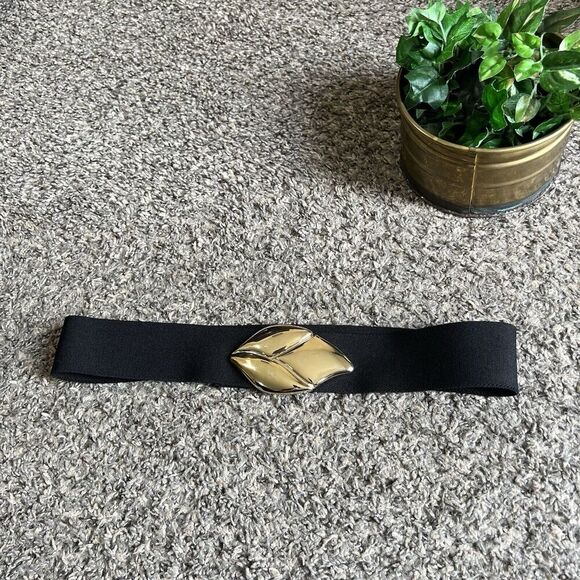 Vtg Gold Leaf Metal Buckle Stretch Waist Belt Black Motion East OS - Picture 1 of 6